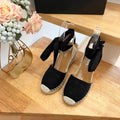 PRADA 26S ESPADRILLE HIGH HEEL SANDALS IN BLACK CANVAS WITH LOGO