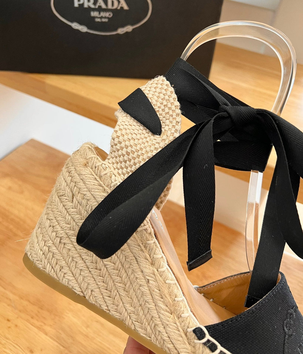 PRADA 26S ESPADRILLE HIGH HEEL SANDALS IN BLACK CANVAS WITH LOGO