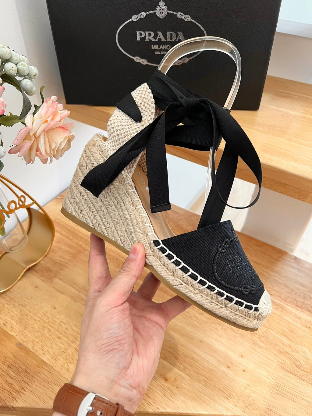 PRADA 26S ESPADRILLE HIGH HEEL SANDALS IN BLACK CANVAS WITH LOGO