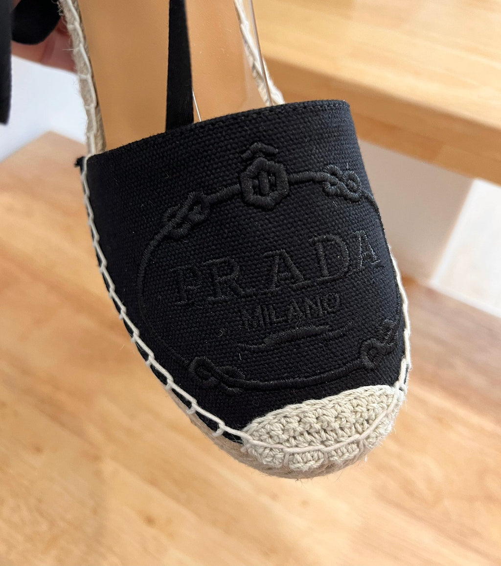 PRADA 26S ESPADRILLE HIGH HEEL SANDALS IN BLACK CANVAS WITH LOGO