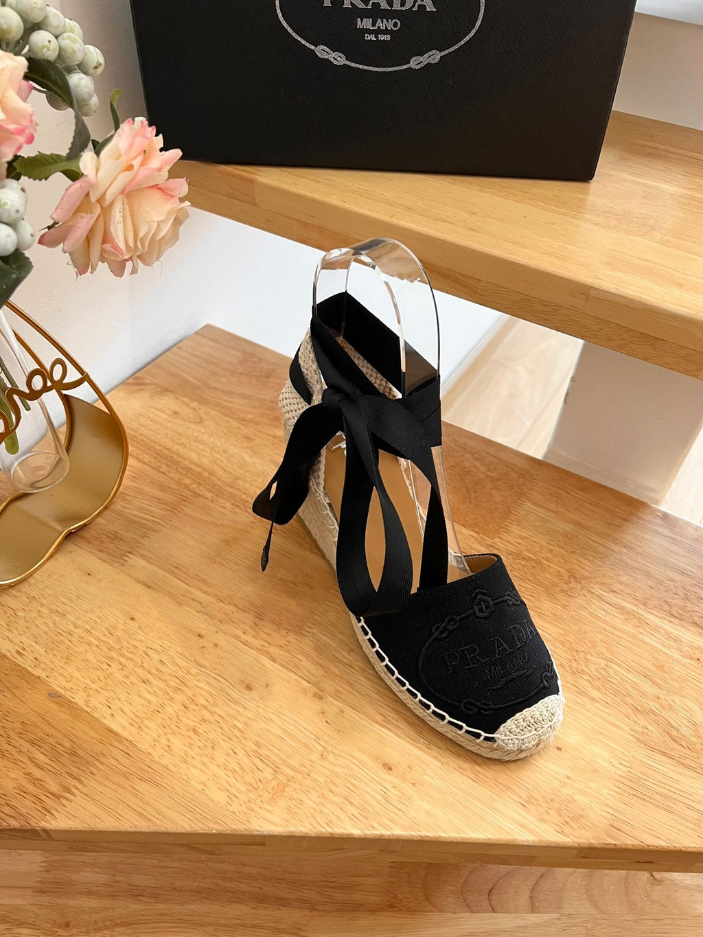 PRADA 26S ESPADRILLE HIGH HEEL SANDALS IN BLACK CANVAS WITH LOGO
