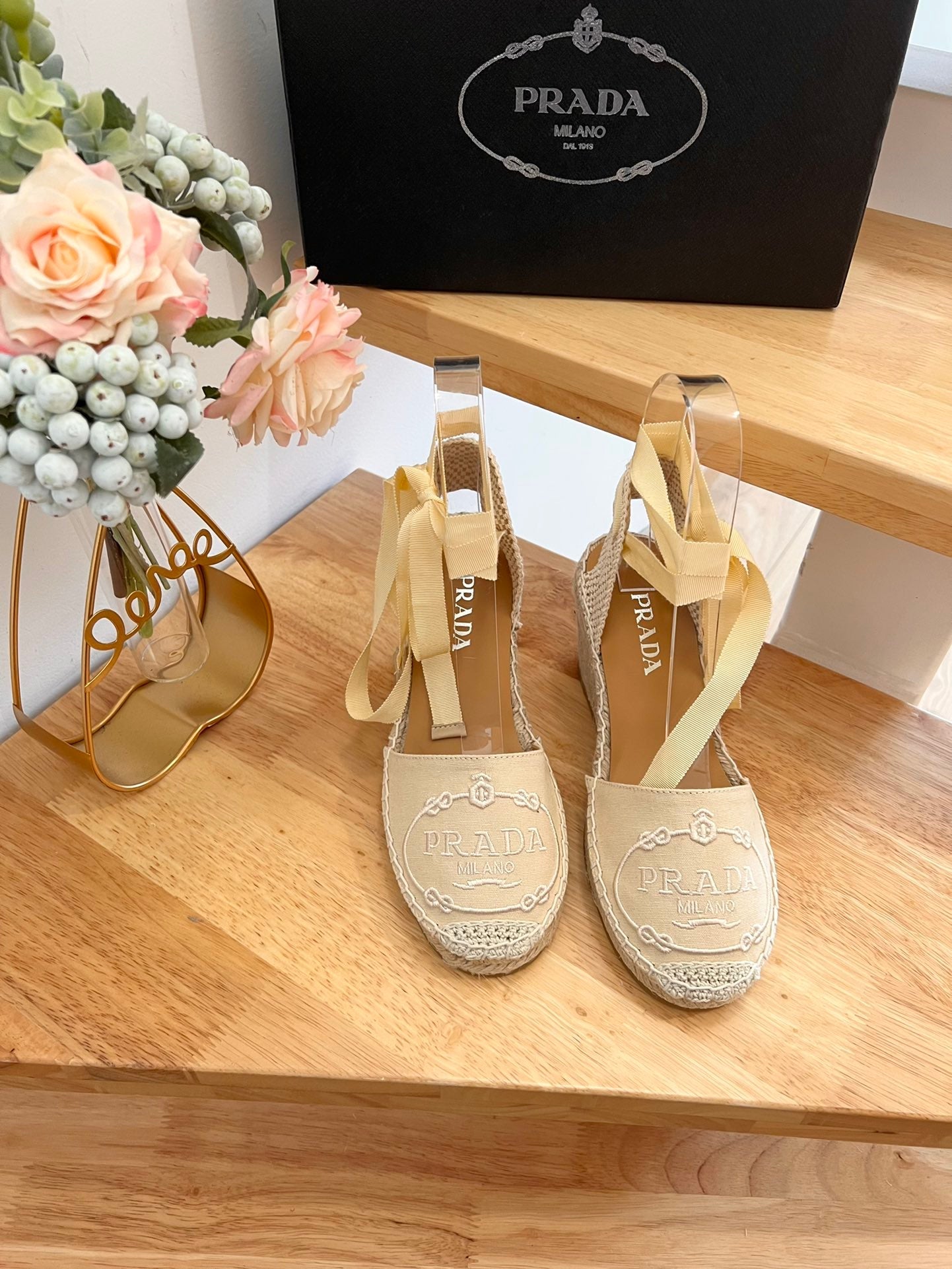 PRADA 26S ESPADRILLE HIGH HEEL SANDALS IN BEIGE CANVAS WITH LOGO