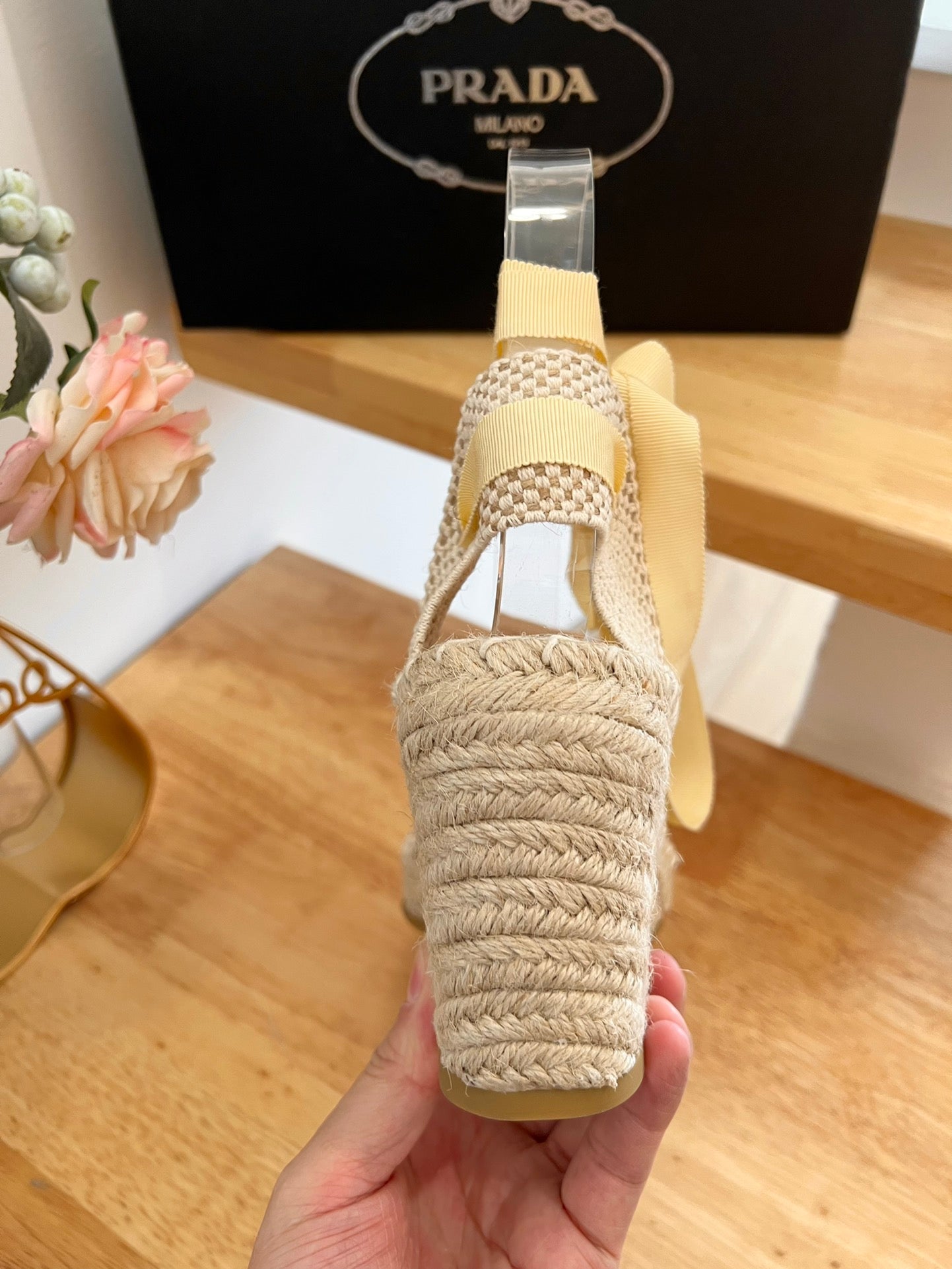 PRADA 26S ESPADRILLE HIGH HEEL SANDALS IN BEIGE CANVAS WITH LOGO