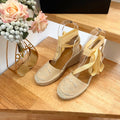 PRADA 26S ESPADRILLE HIGH HEEL SANDALS IN BEIGE CANVAS WITH LOGO