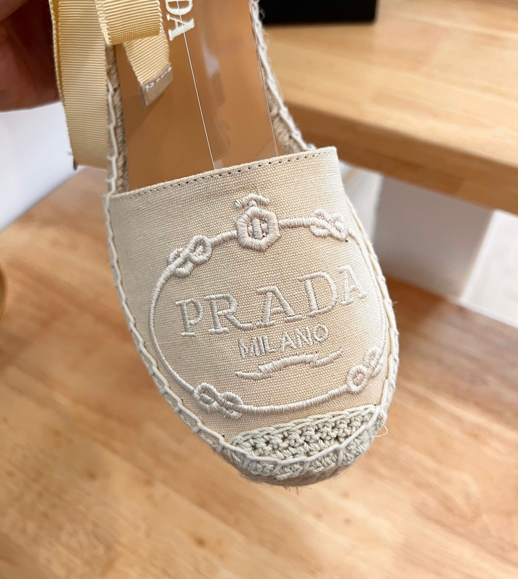 PRADA 26S ESPADRILLE HIGH HEEL SANDALS IN BEIGE CANVAS WITH LOGO