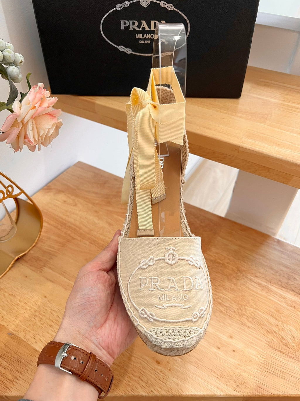 PRADA 26S ESPADRILLE HIGH HEEL SANDALS IN BEIGE CANVAS WITH LOGO