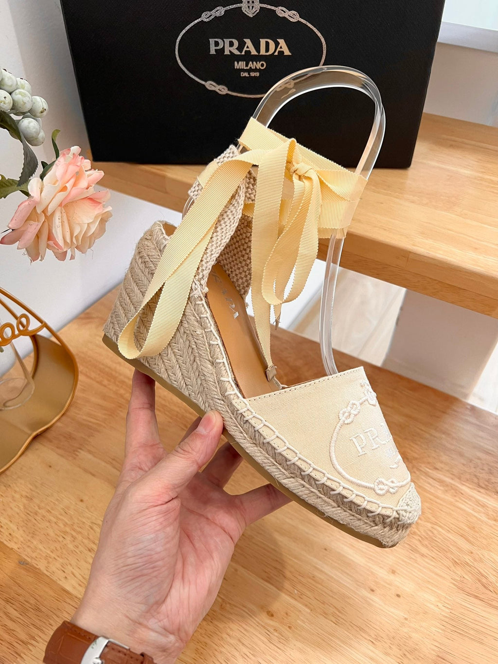 PRADA 26S ESPADRILLE HIGH HEEL SANDALS IN BEIGE CANVAS WITH LOGO