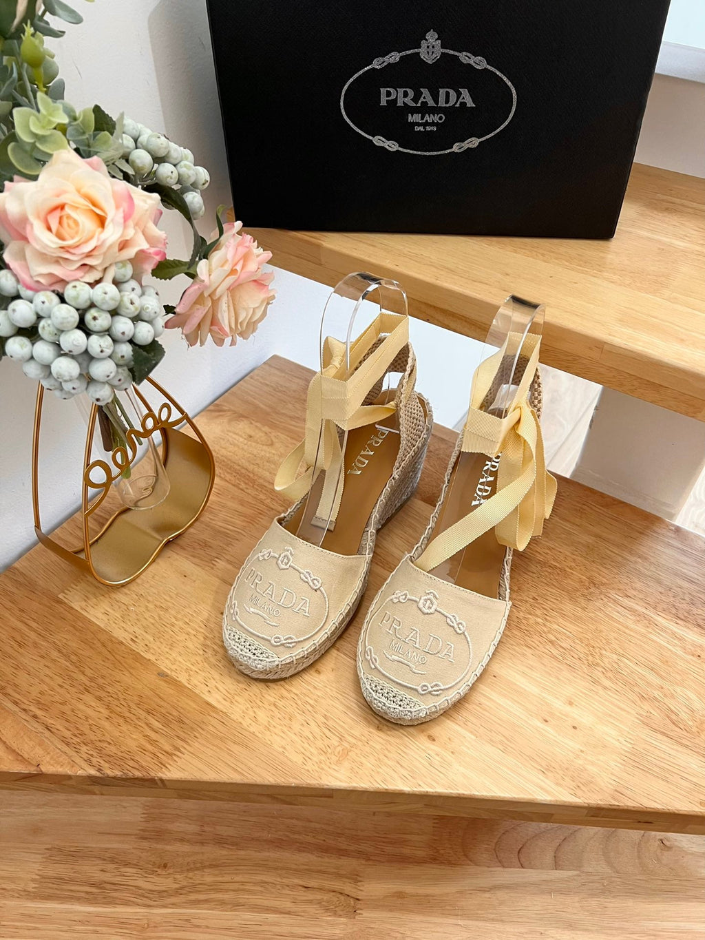 PRADA 26S ESPADRILLE HIGH HEEL SANDALS IN BEIGE CANVAS WITH LOGO