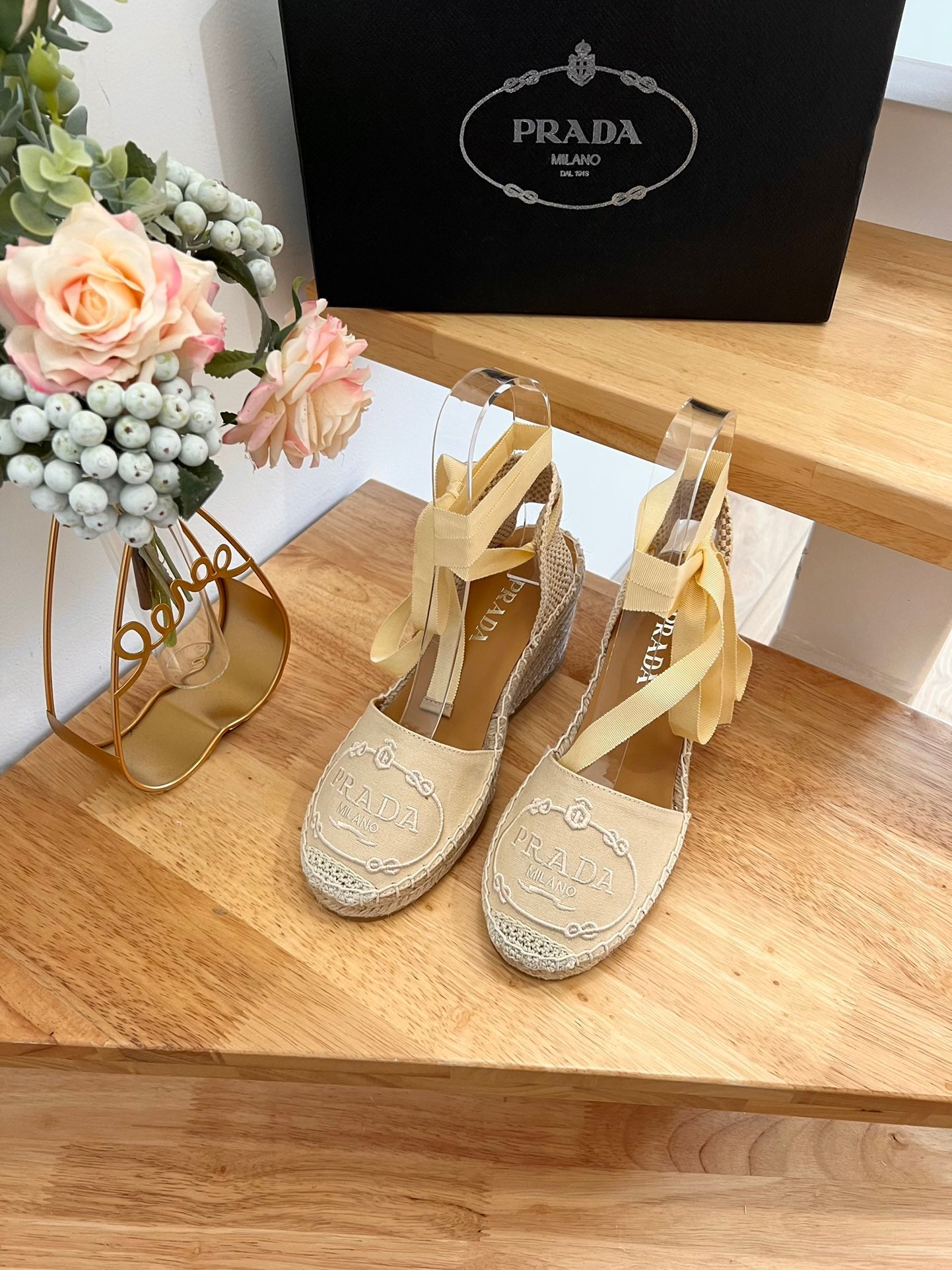 PRADA 26S ESPADRILLE HIGH HEEL SANDALS IN BEIGE CANVAS WITH LOGO
