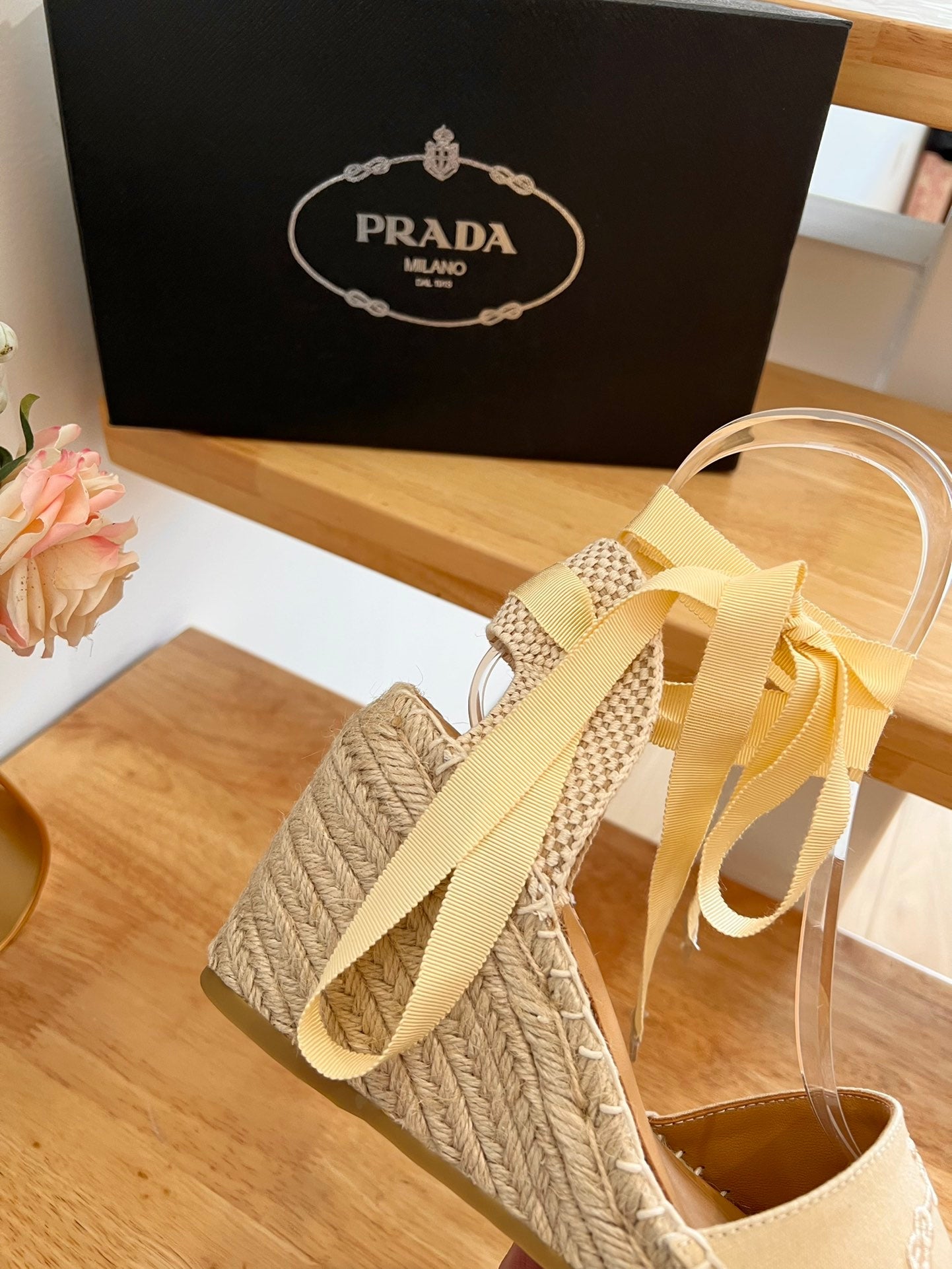 PRADA 26S ESPADRILLE HIGH HEEL SANDALS IN BEIGE CANVAS WITH LOGO