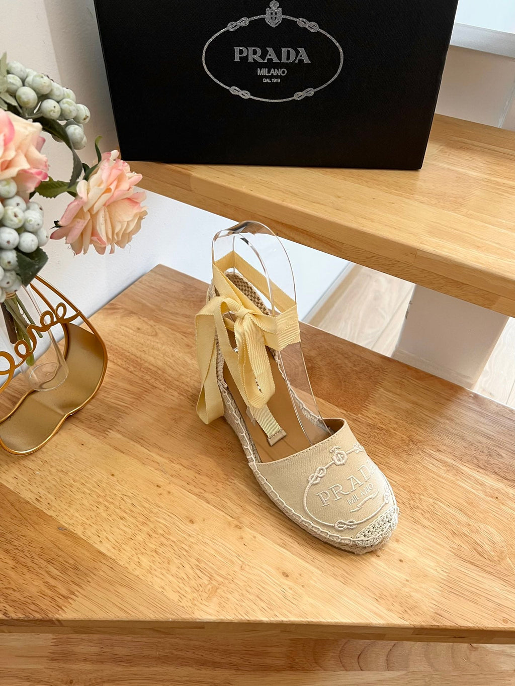 PRADA 26S ESPADRILLE HIGH HEEL SANDALS IN BEIGE CANVAS WITH LOGO