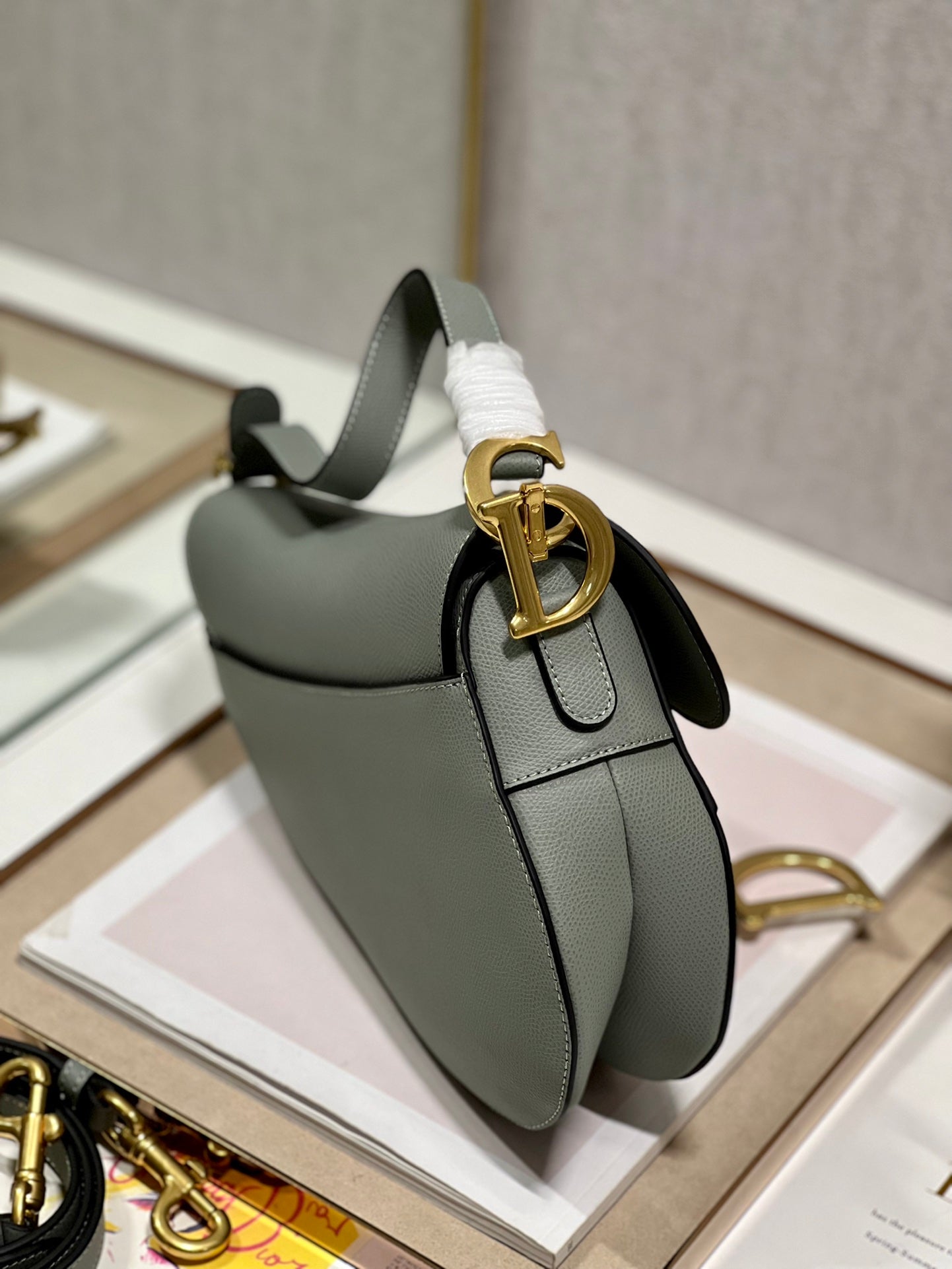 DIOR 26S SADDLE BAG 25 IN STONE GREY CALFSKIN
