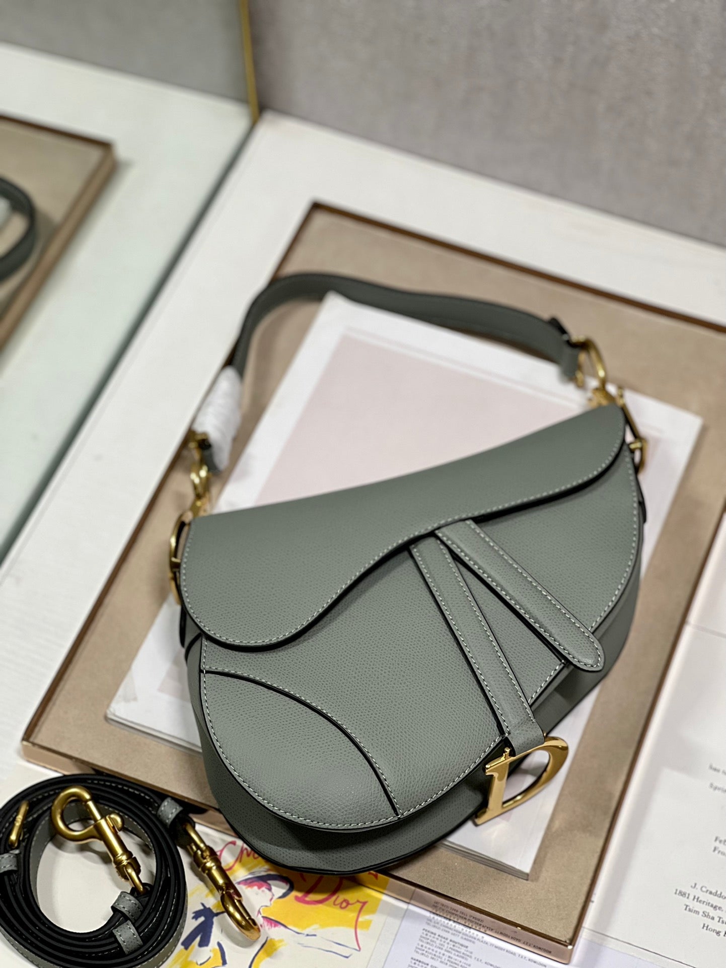 DIOR 26S SADDLE BAG 19 IN STONE GREY CALFSKIN
