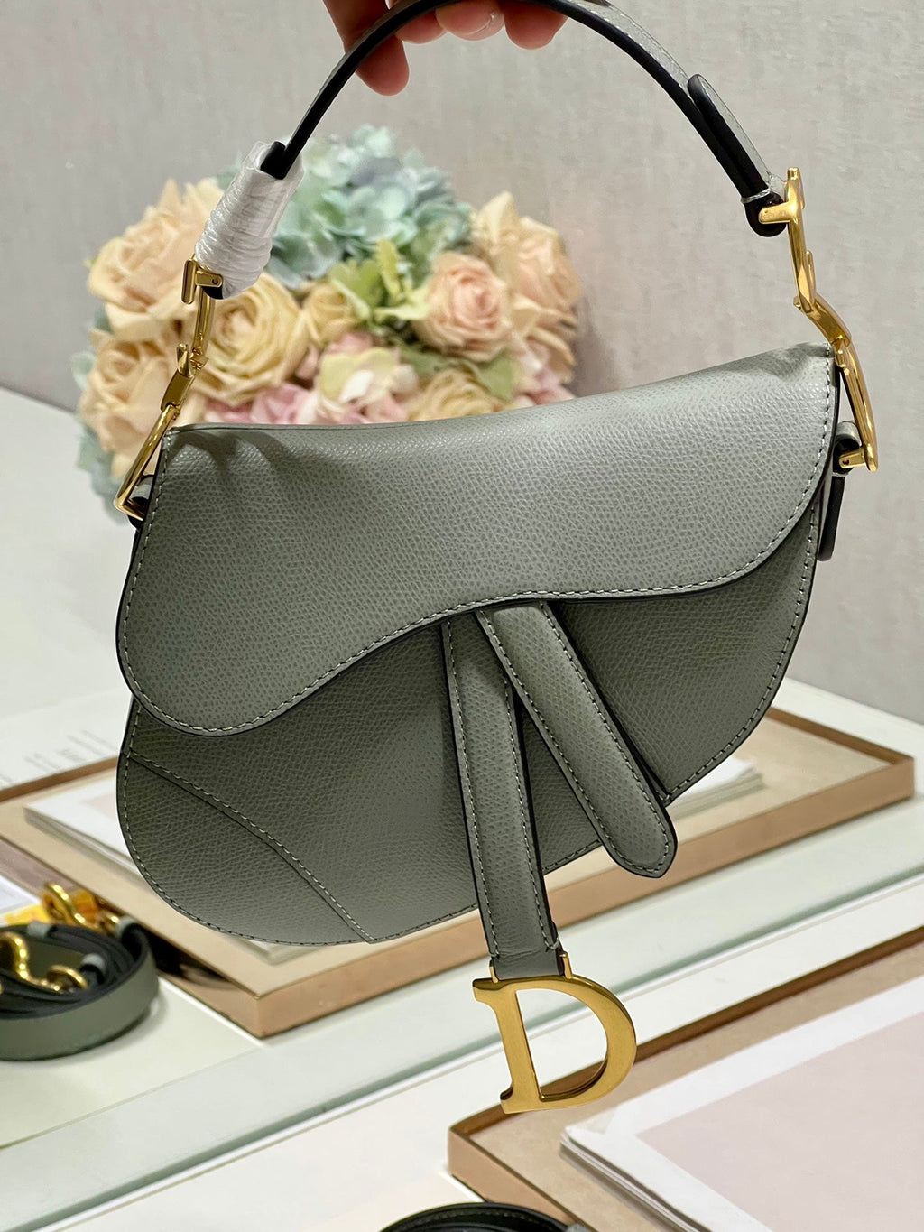 DIOR 26S SADDLE BAG 19 IN STONE GREY CALFSKIN