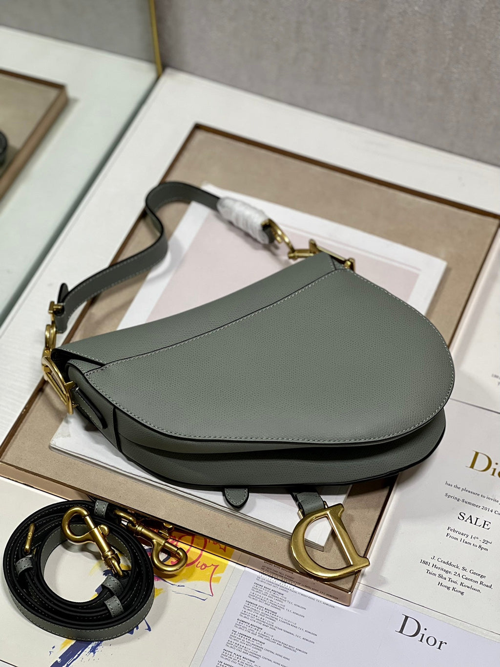 DIOR 26S SADDLE BAG 25 IN STONE GREY CALFSKIN