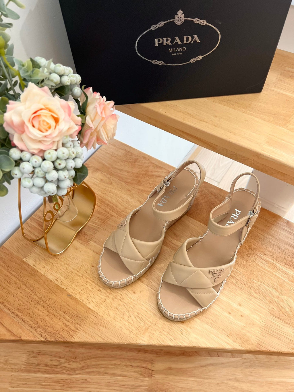 PRADA 26S CROSS STRAP ESPADRILLE WEDGE SANDALS IN BEIGE CALFSKIN