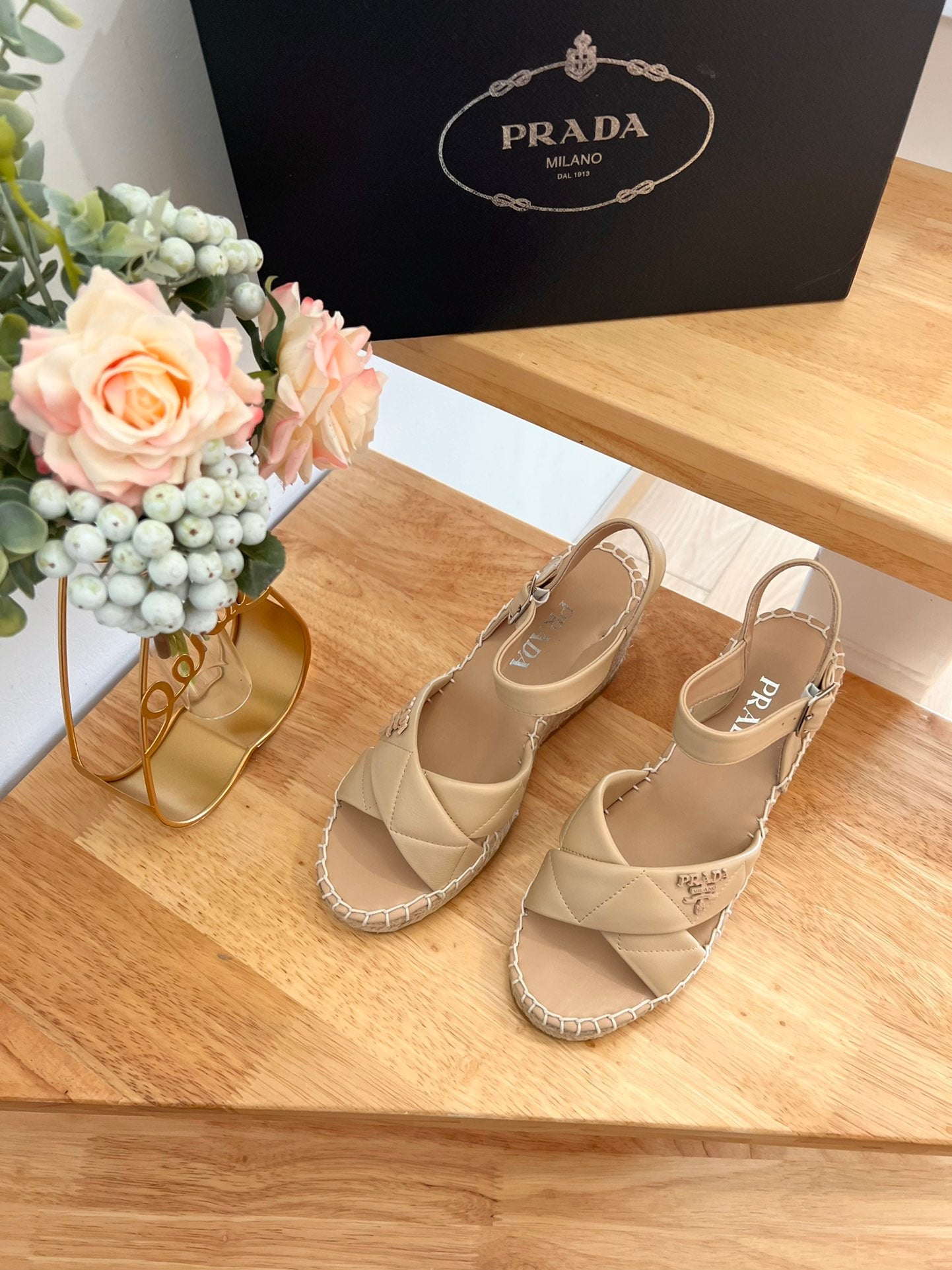 PRADA 26S CROSS STRAP ESPADRILLE WEDGE SANDALS IN BEIGE CALFSKIN