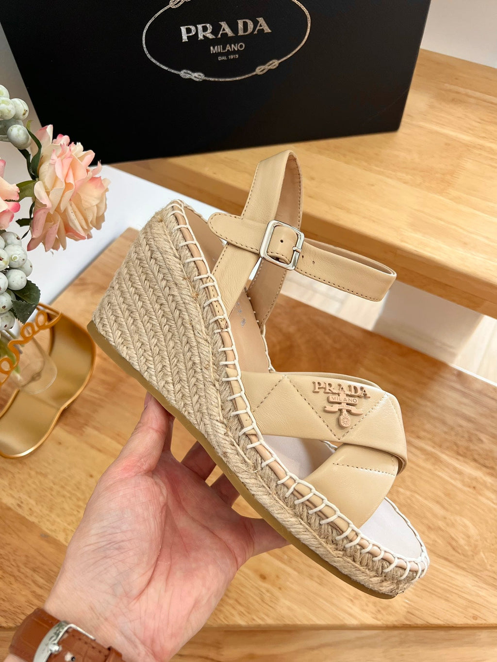 PRADA 26S CROSS STRAP ESPADRILLE WEDGE SANDALS IN BEIGE CALFSKIN