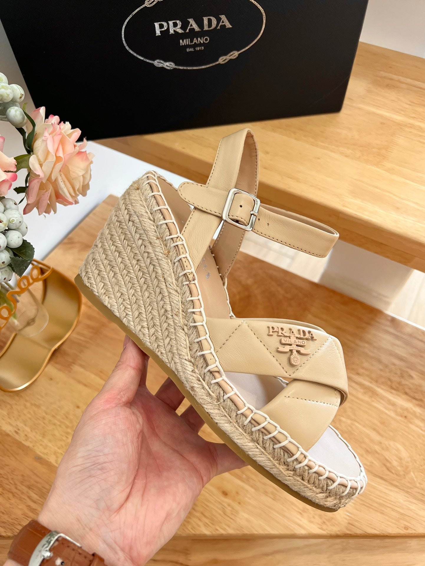 PRADA 26S CROSS STRAP ESPADRILLE WEDGE SANDALS IN BEIGE CALFSKIN