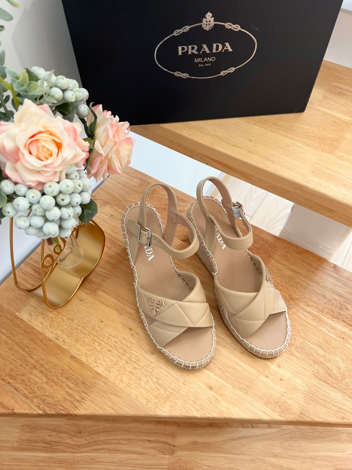 PRADA 26S CROSS STRAP ESPADRILLE WEDGE SANDALS IN BEIGE CALFSKIN