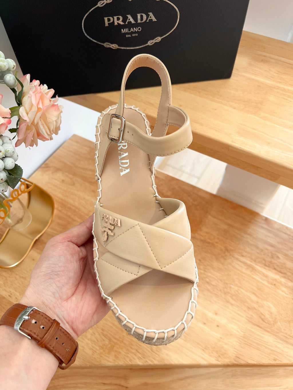 PRADA 26S CROSS STRAP ESPADRILLE WEDGE SANDALS IN BEIGE CALFSKIN