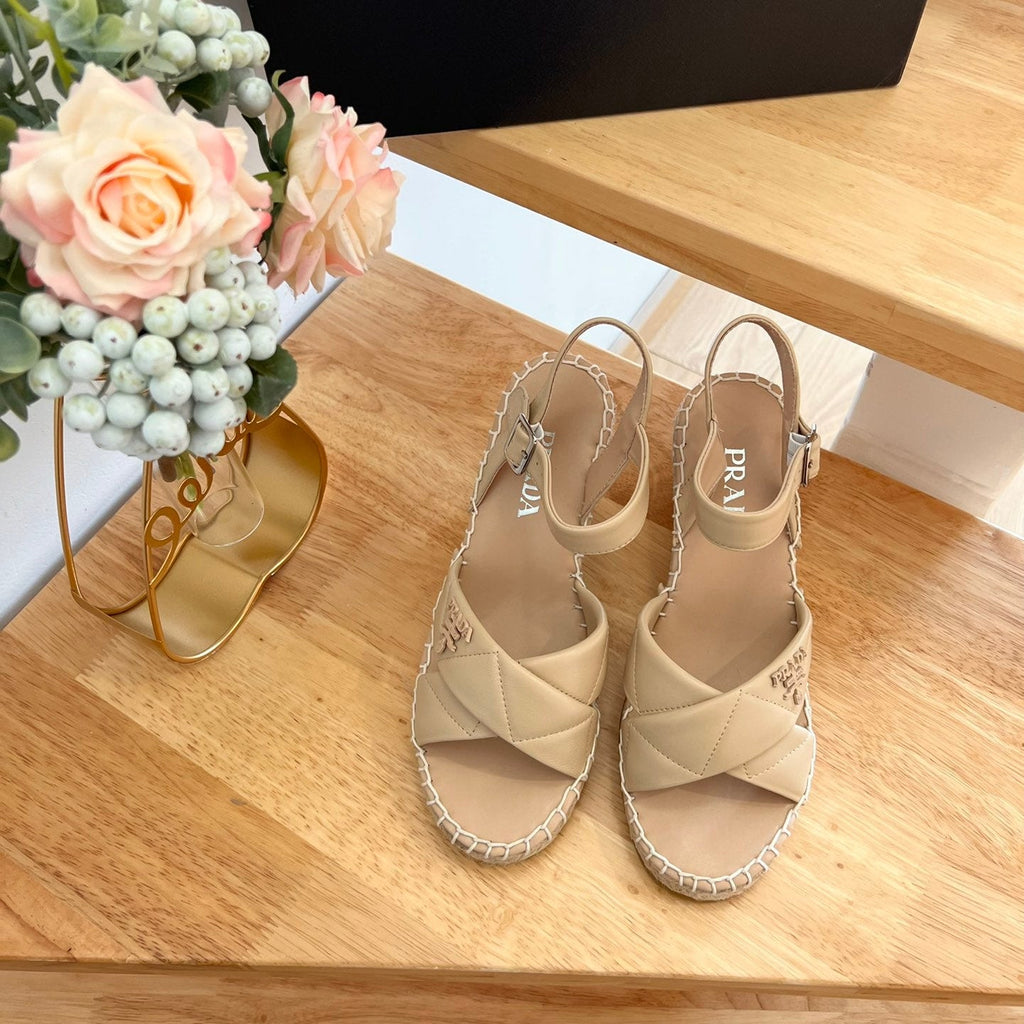 PRADA 26S CROSS STRAP ESPADRILLE WEDGE SANDALS IN BEIGE CALFSKIN