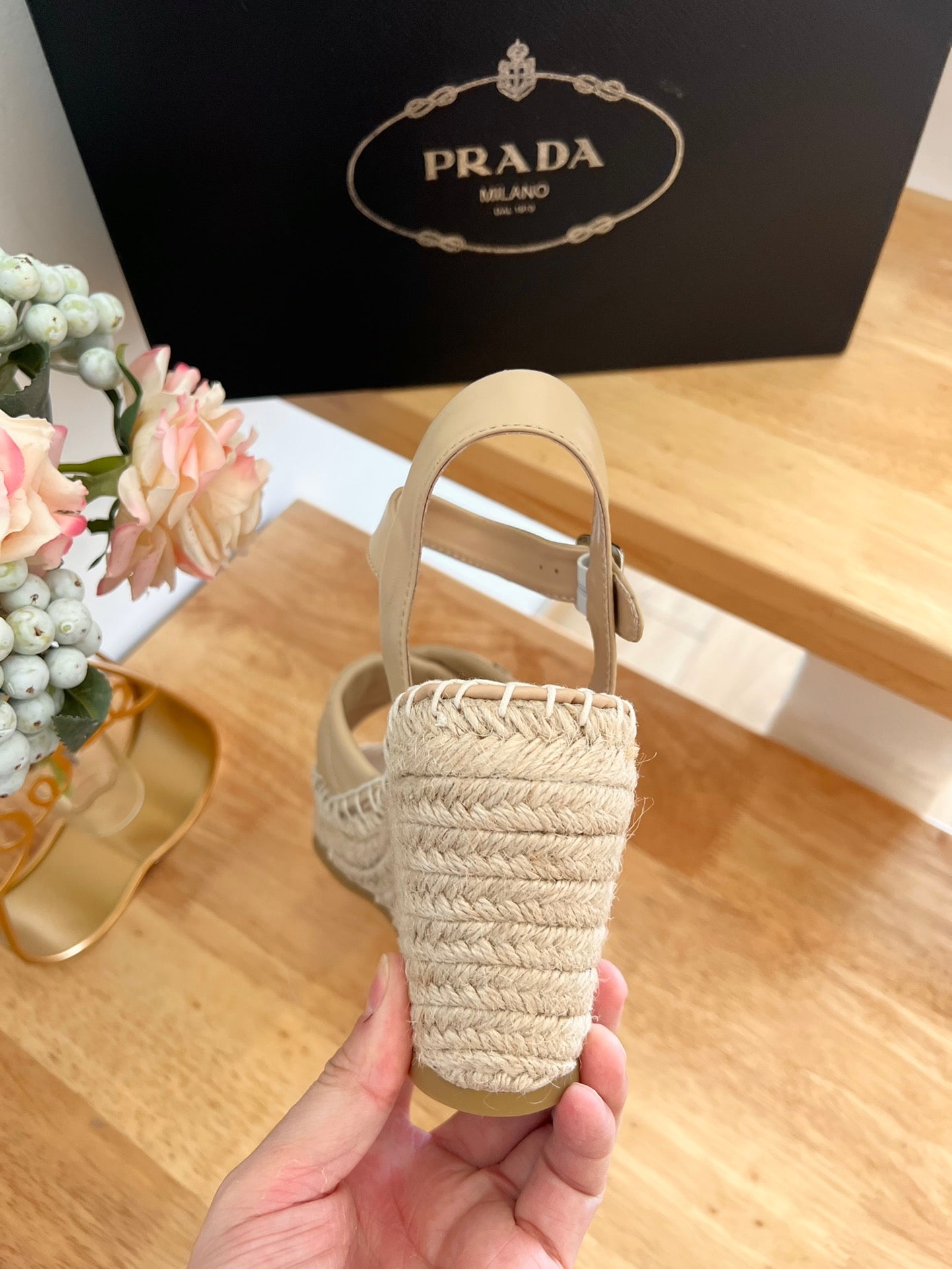 PRADA 26S CROSS STRAP ESPADRILLE WEDGE SANDALS IN BEIGE CALFSKIN