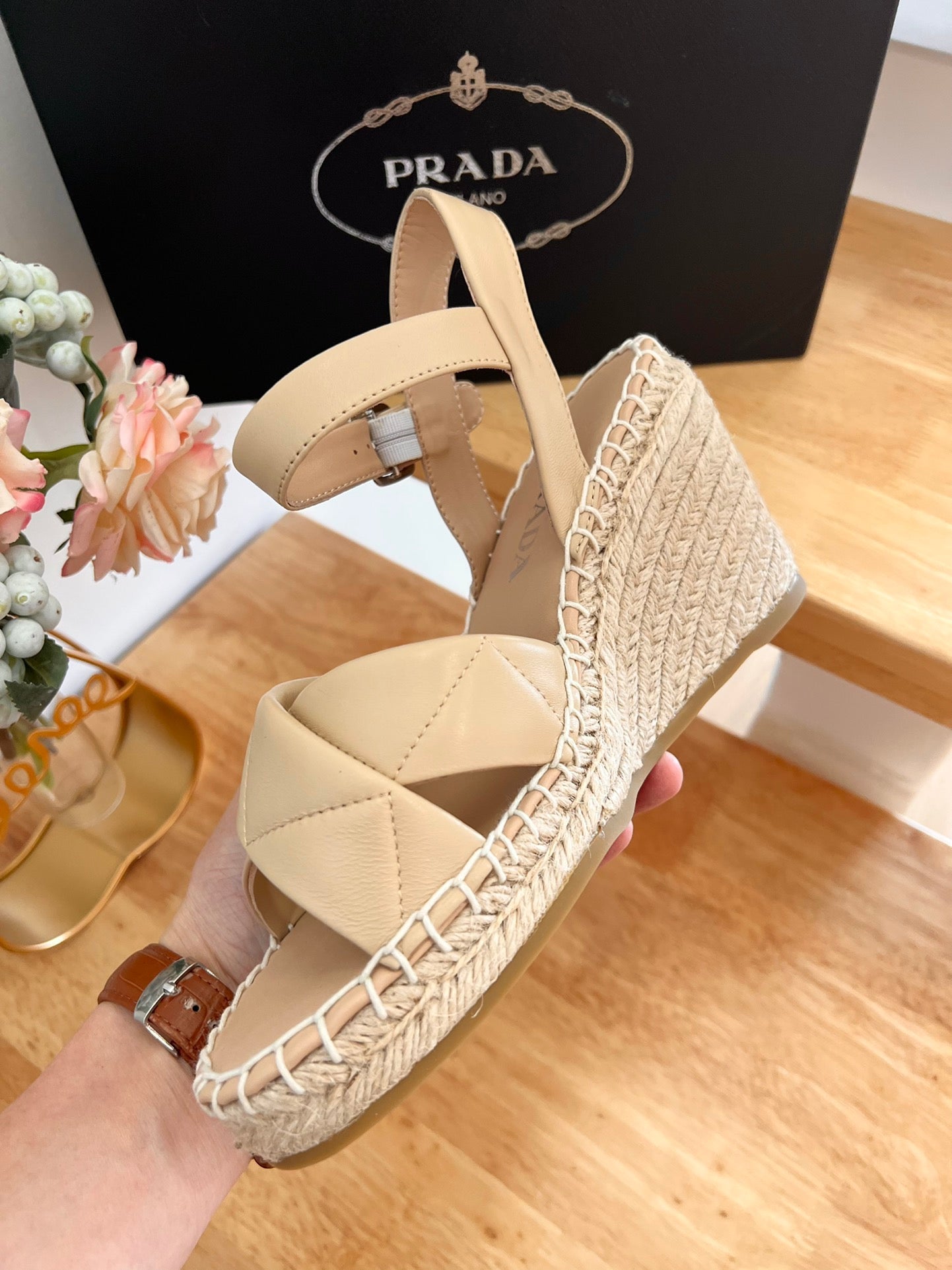 PRADA 26S CROSS STRAP ESPADRILLE WEDGE SANDALS IN BEIGE CALFSKIN