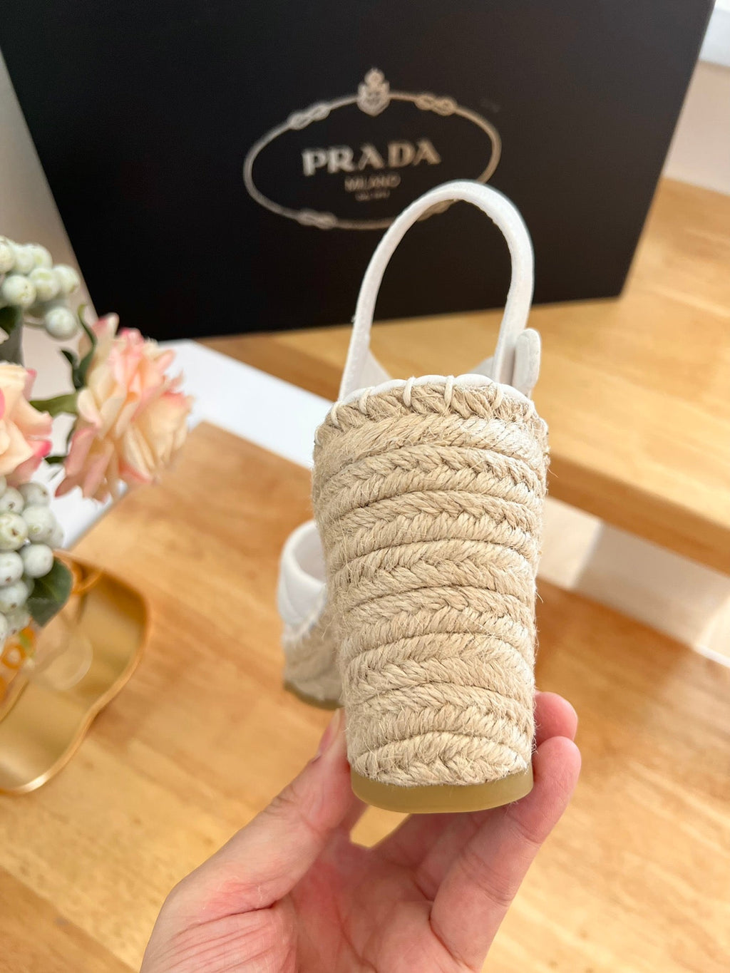 PRADA 26S CROSS STRAP ESPADRILLE WEDGE SANDALS IN CREAM WHITE CALFSKIN