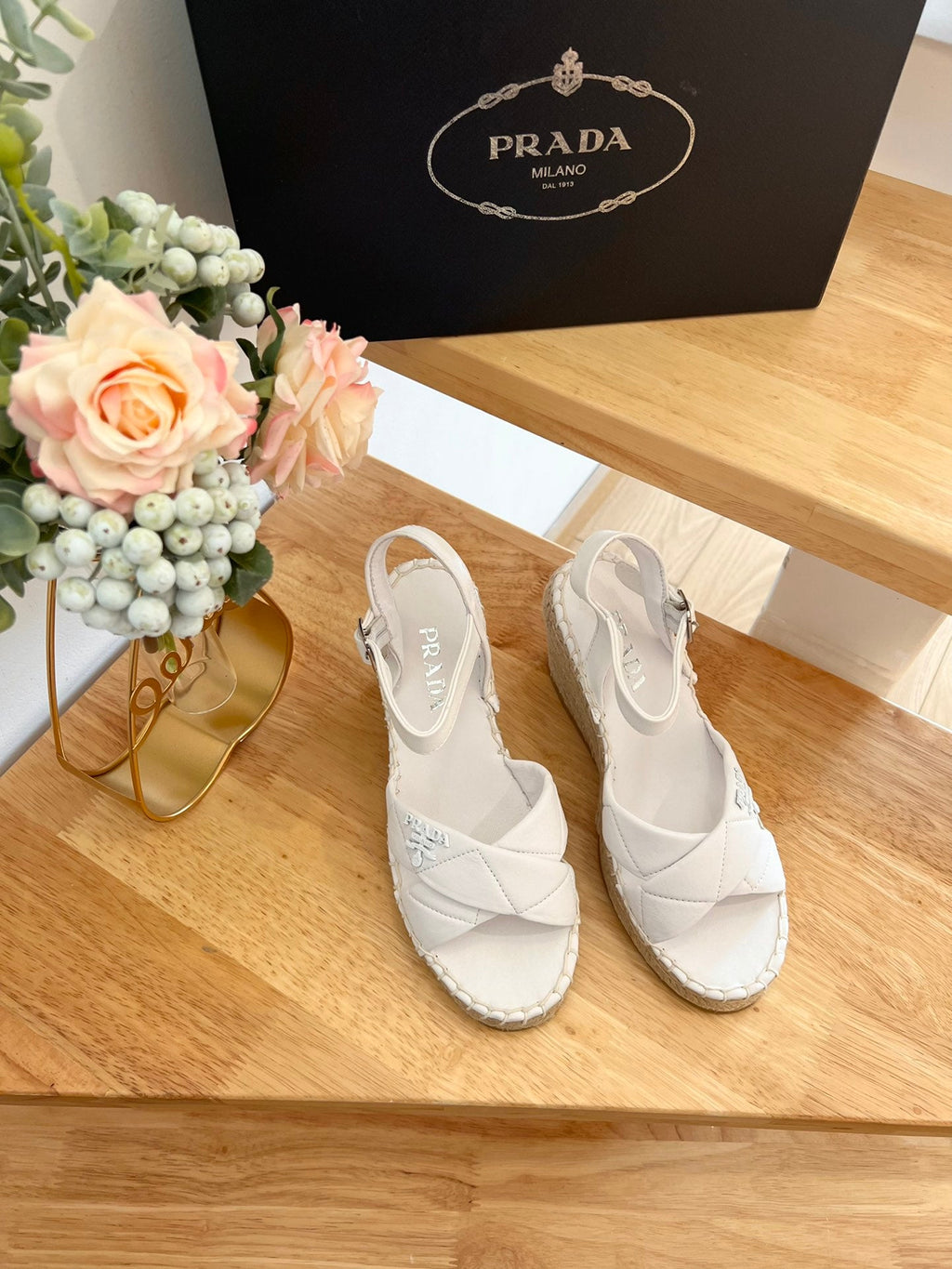 PRADA 26S CROSS STRAP ESPADRILLE WEDGE SANDALS IN CREAM WHITE CALFSKIN