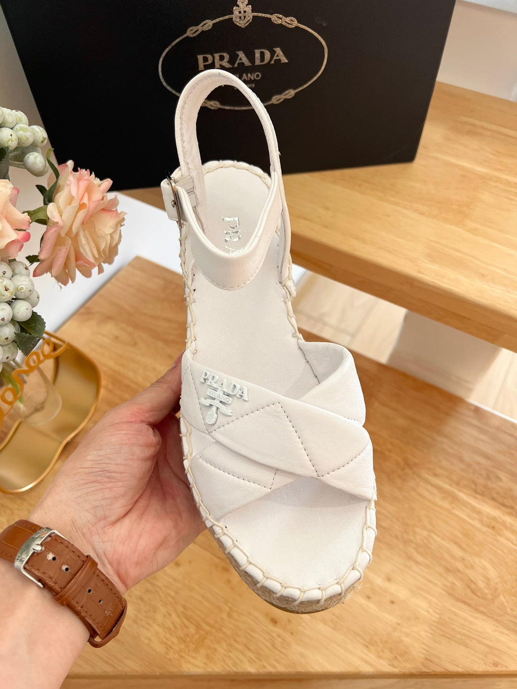 PRADA 26S CROSS STRAP ESPADRILLE WEDGE SANDALS IN CREAM WHITE CALFSKIN