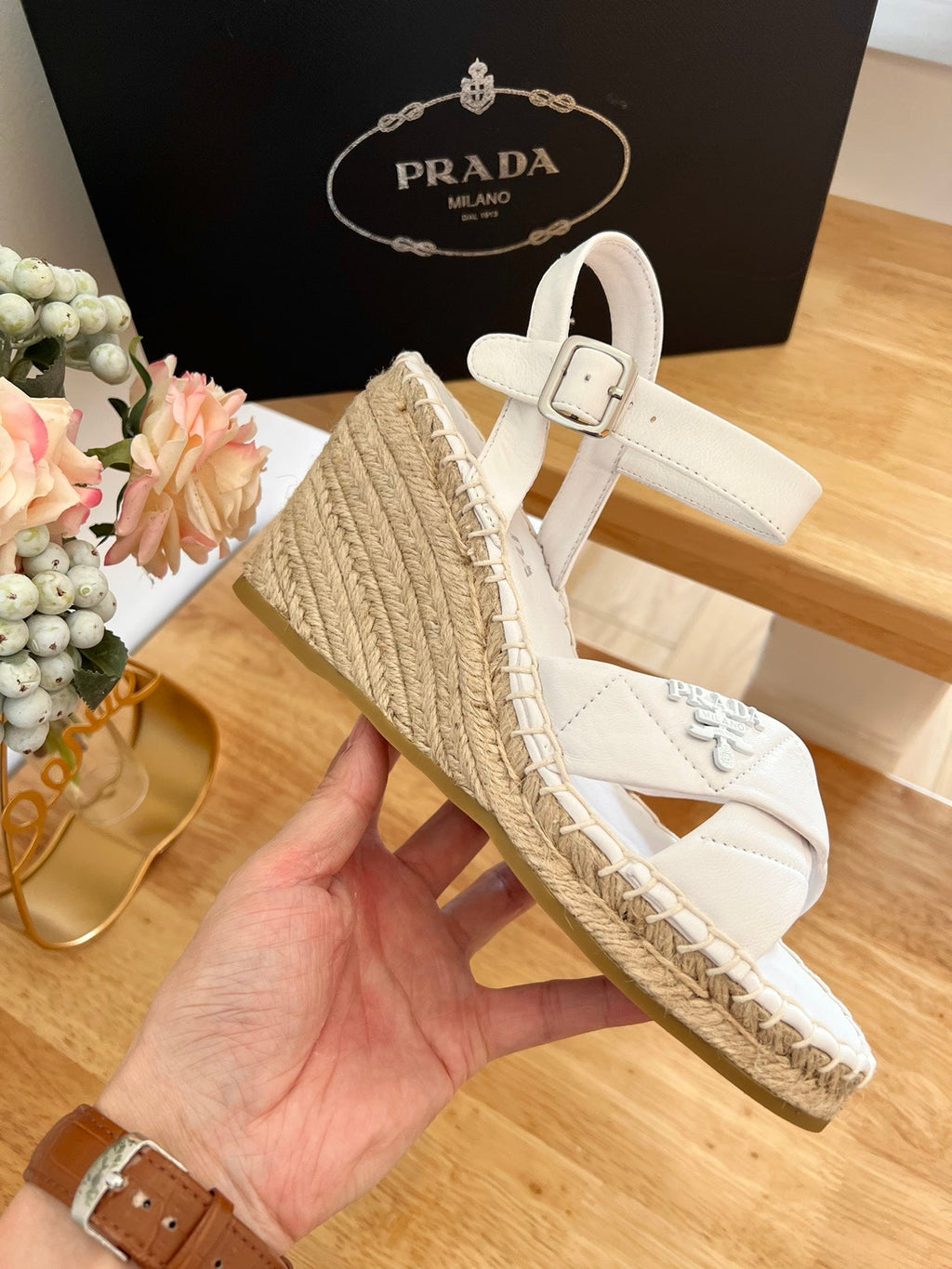 PRADA 26S CROSS STRAP ESPADRILLE WEDGE SANDALS IN CREAM WHITE CALFSKIN