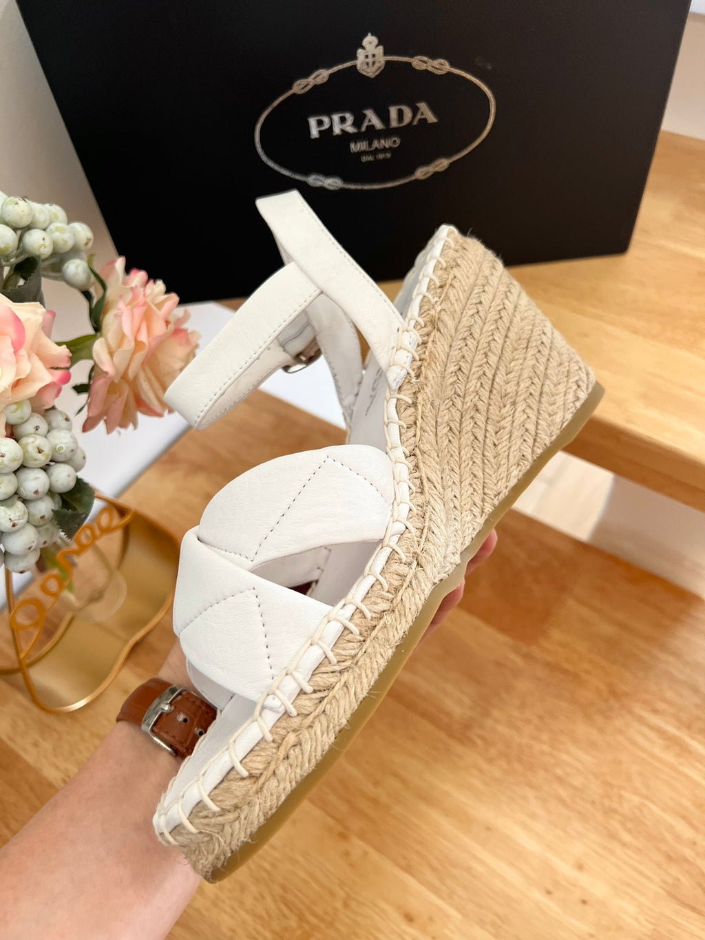 PRADA 26S CROSS STRAP ESPADRILLE WEDGE SANDALS IN CREAM WHITE CALFSKIN