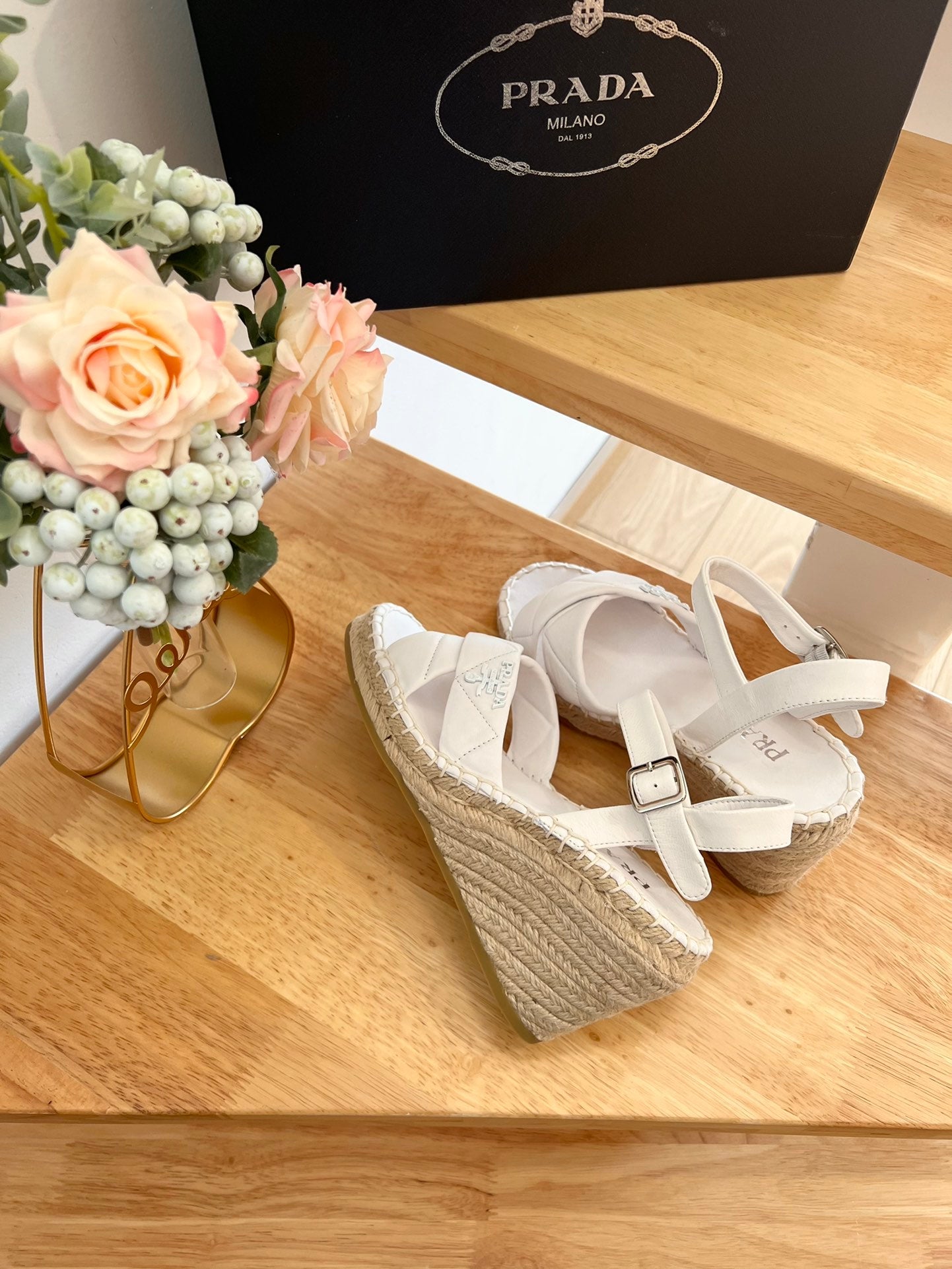 PRADA 26S CROSS STRAP ESPADRILLE WEDGE SANDALS IN CREAM WHITE CALFSKIN