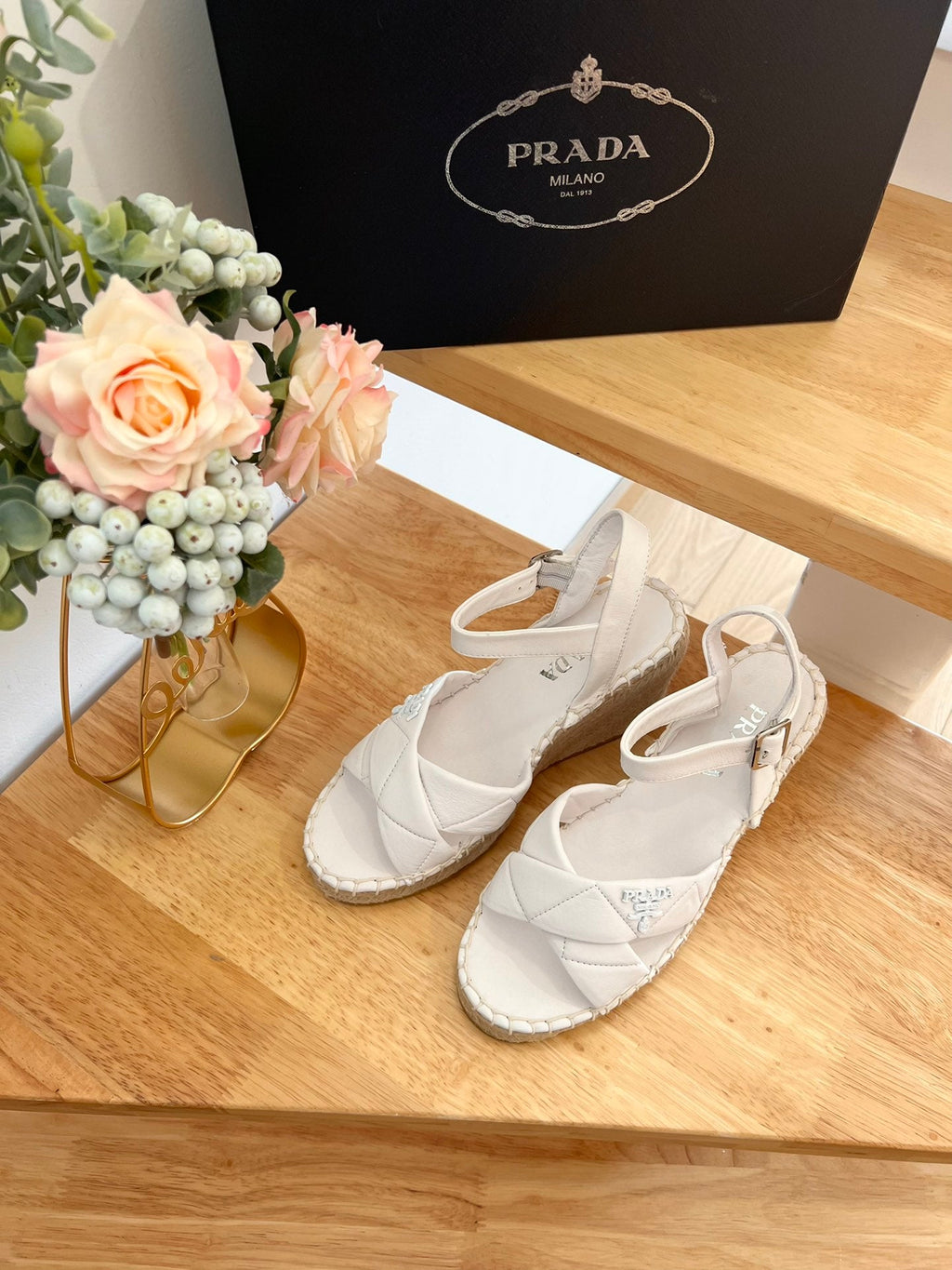 PRADA 26S CROSS STRAP ESPADRILLE WEDGE SANDALS IN CREAM WHITE CALFSKIN