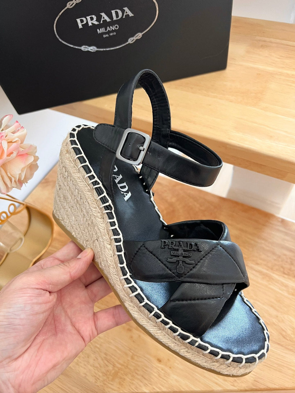 PRADA 26S CROSS STRAP ESPADRILLE WEDGE SANDALS IN BLACK CALFSKIN