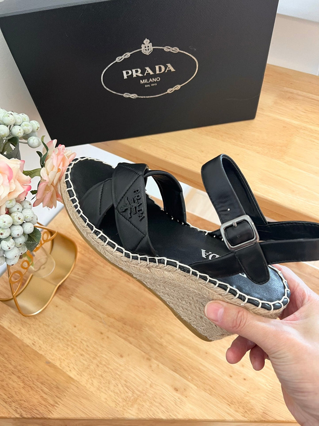 PRADA 26S CROSS STRAP ESPADRILLE WEDGE SANDALS IN BLACK CALFSKIN