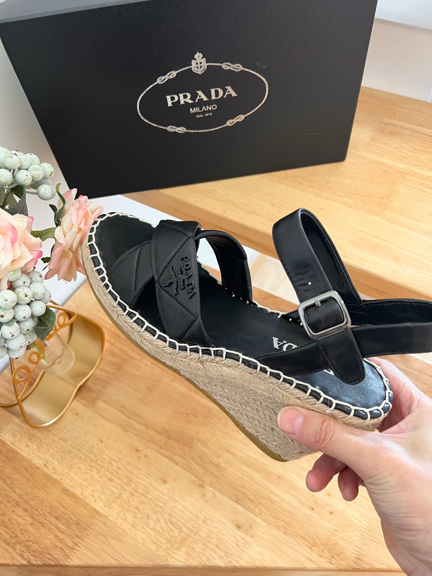 PRADA 26S CROSS STRAP ESPADRILLE WEDGE SANDALS IN BLACK CALFSKIN