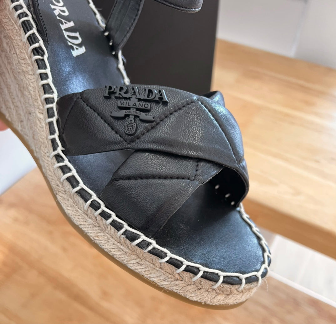 PRADA 26S CROSS STRAP ESPADRILLE WEDGE SANDALS IN BLACK CALFSKIN