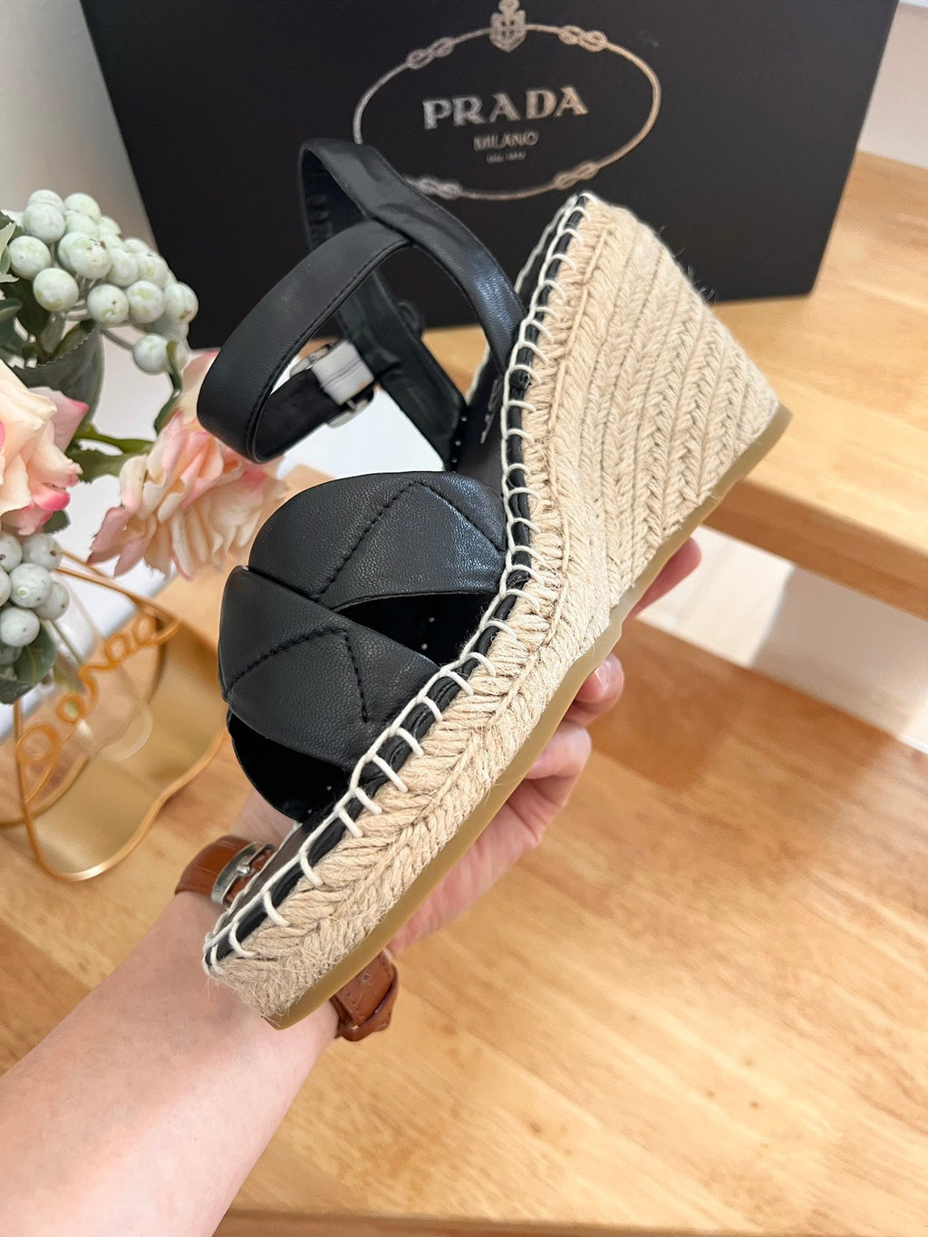 PRADA 26S CROSS STRAP ESPADRILLE WEDGE SANDALS IN BLACK CALFSKIN