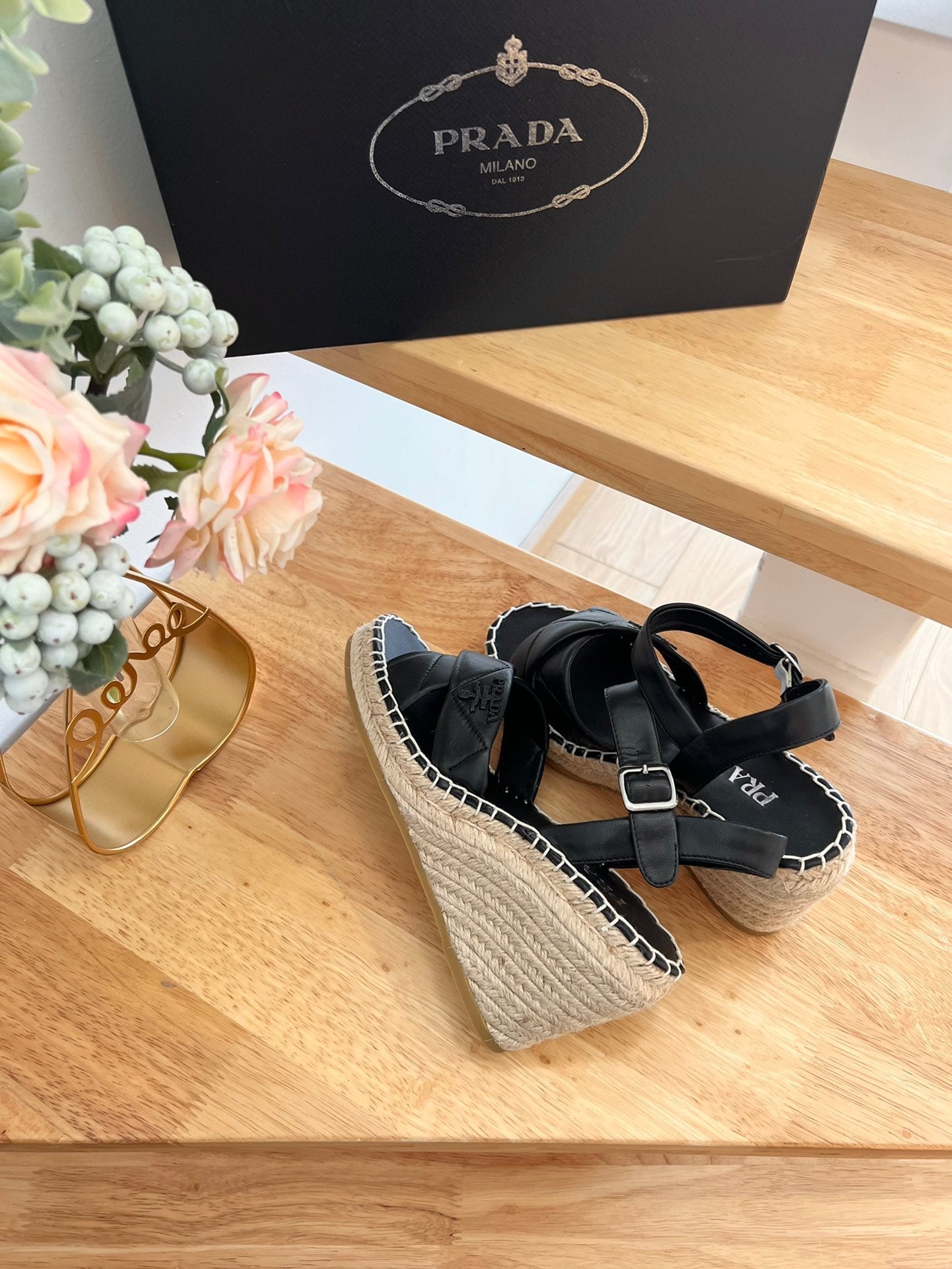 PRADA 26S CROSS STRAP ESPADRILLE WEDGE SANDALS IN BLACK CALFSKIN