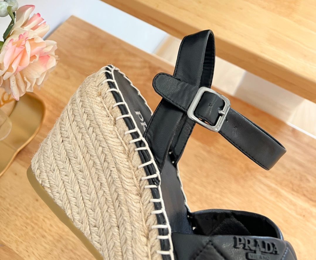 PRADA 26S CROSS STRAP ESPADRILLE WEDGE SANDALS IN BLACK CALFSKIN