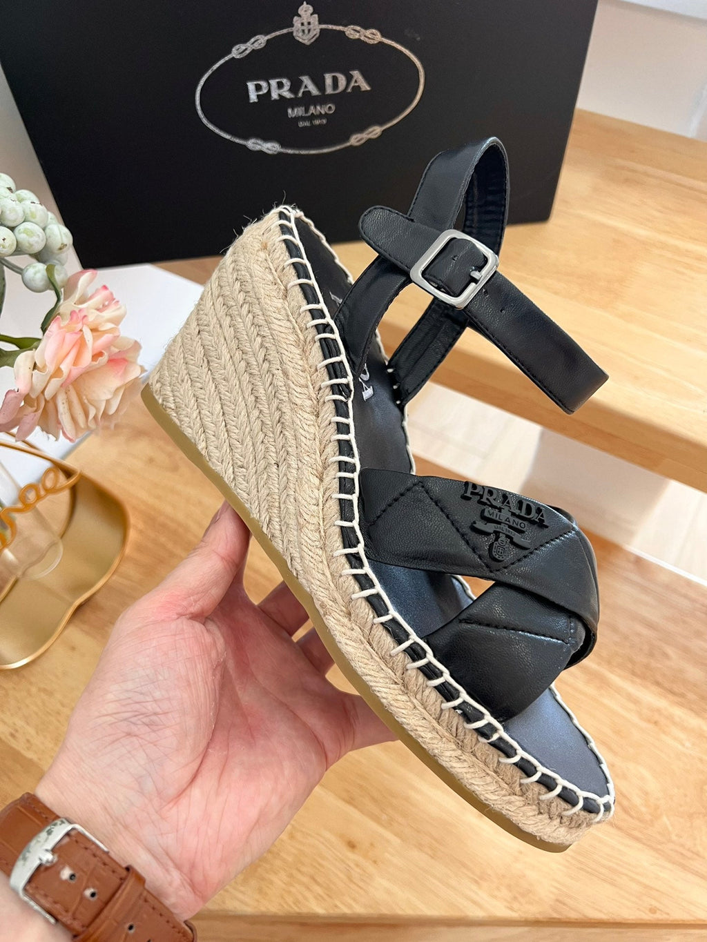 PRADA 26S CROSS STRAP ESPADRILLE WEDGE SANDALS IN BLACK CALFSKIN