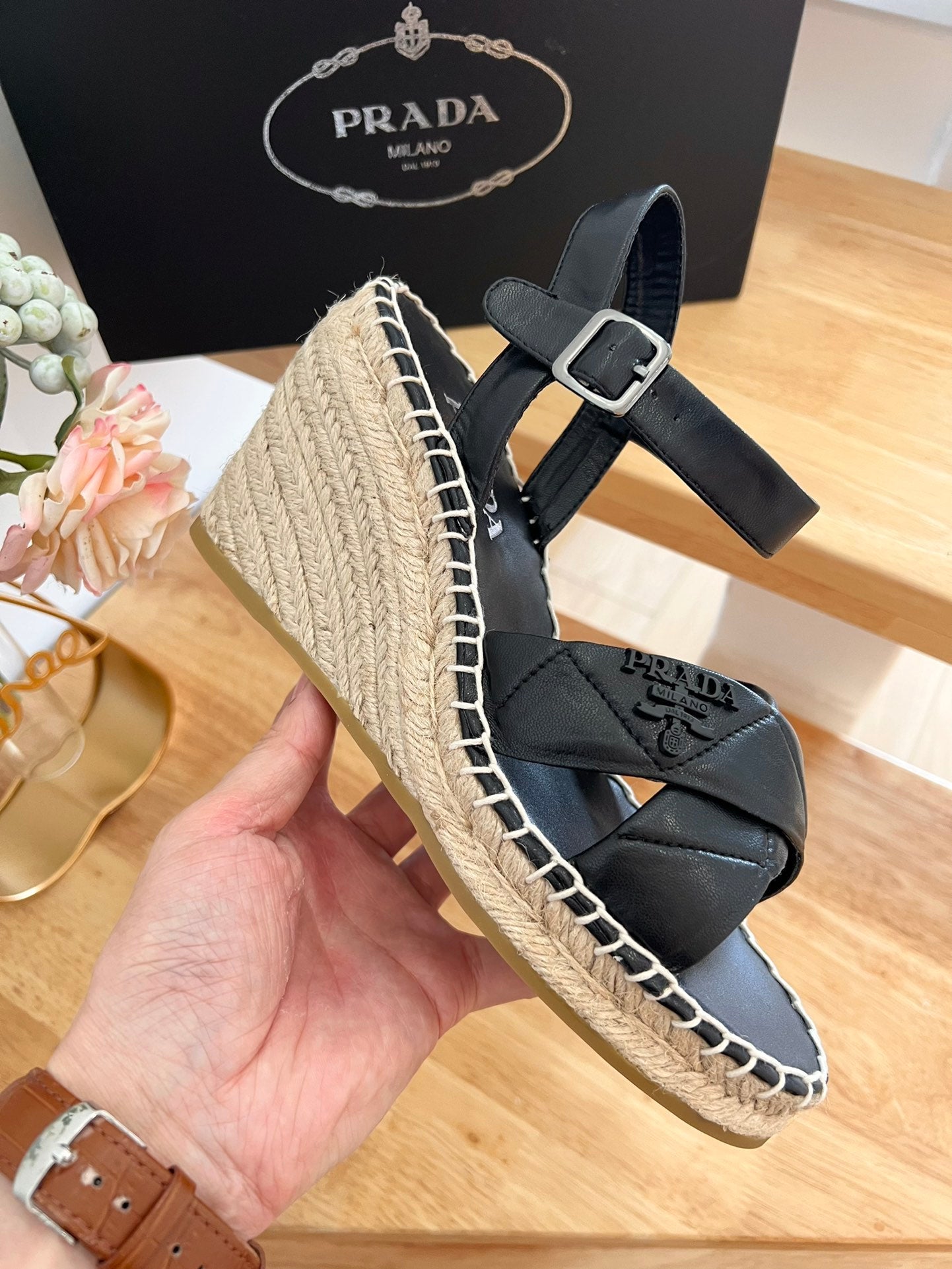 PRADA 26S CROSS STRAP ESPADRILLE WEDGE SANDALS IN BLACK CALFSKIN