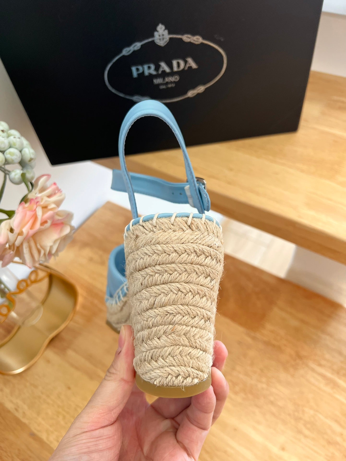 PRADA 26S CROSS STRAP ESPADRILLE WEDGE SANDALS IN SKY BLUE CALFSKIN