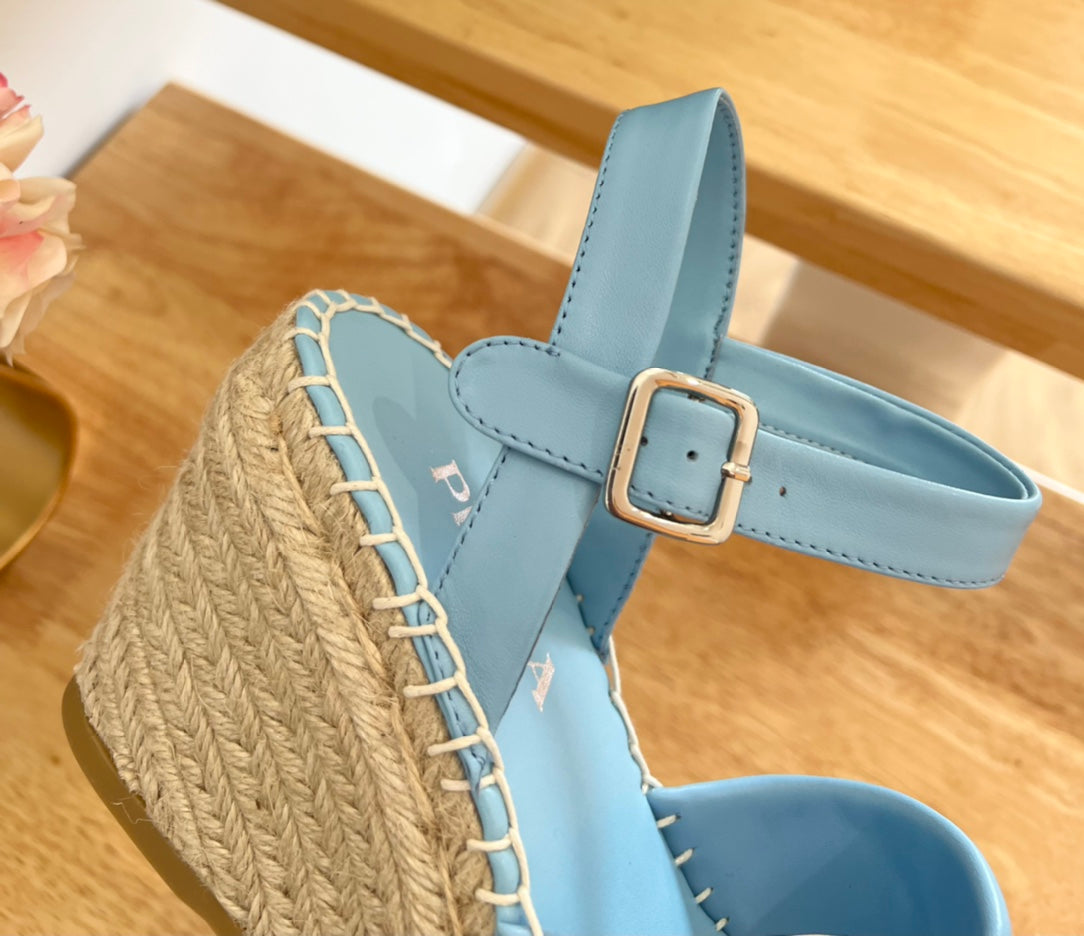 PRADA 26S CROSS STRAP ESPADRILLE WEDGE SANDALS IN SKY BLUE CALFSKIN