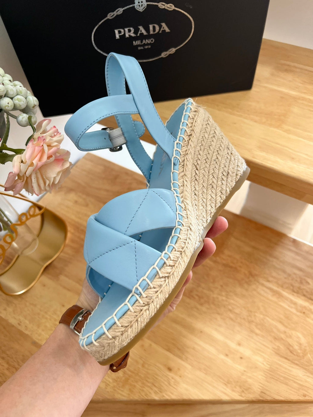 PRADA 26S CROSS STRAP ESPADRILLE WEDGE SANDALS IN SKY BLUE CALFSKIN