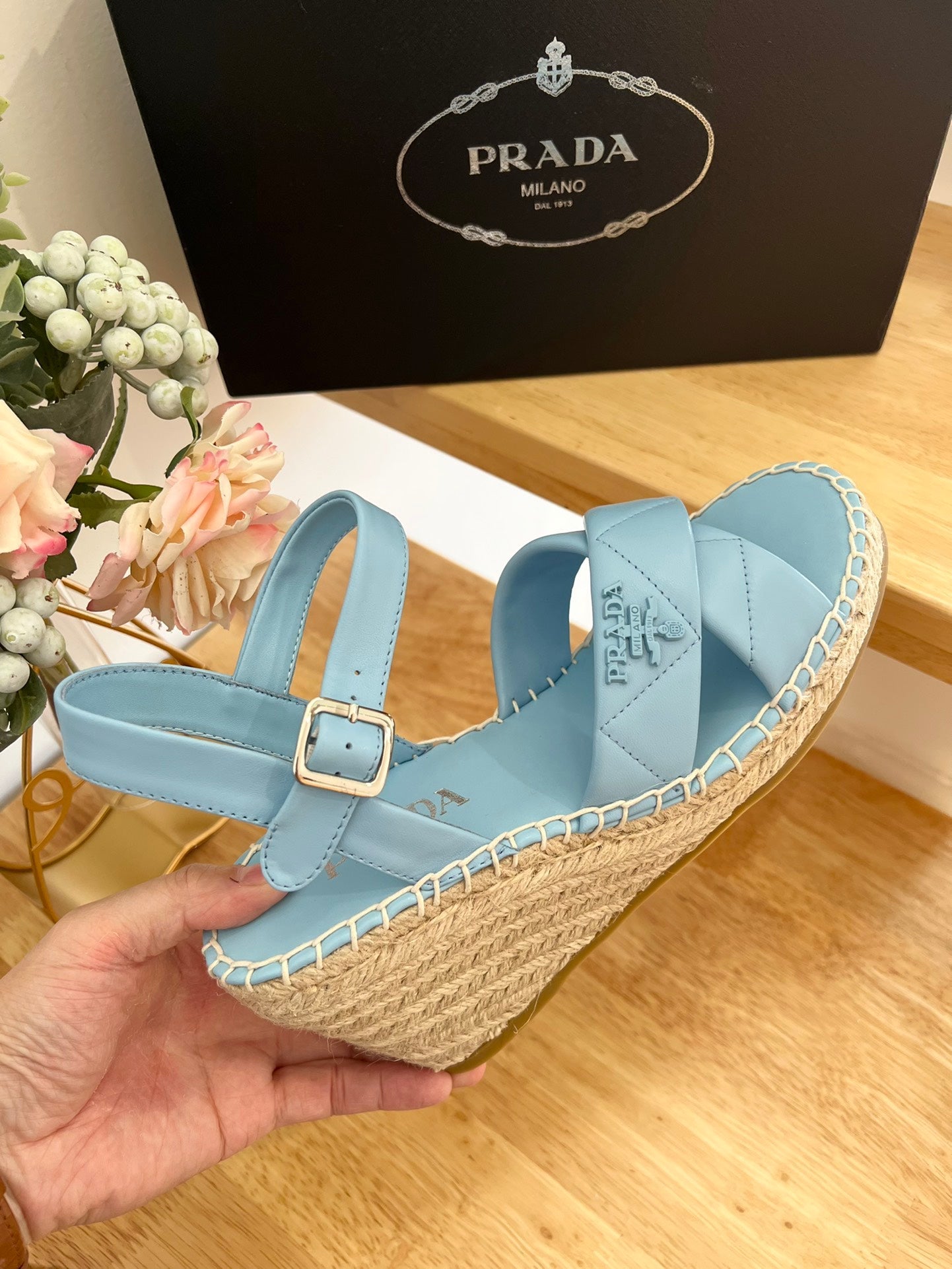 PRADA 26S CROSS STRAP ESPADRILLE WEDGE SANDALS IN SKY BLUE CALFSKIN