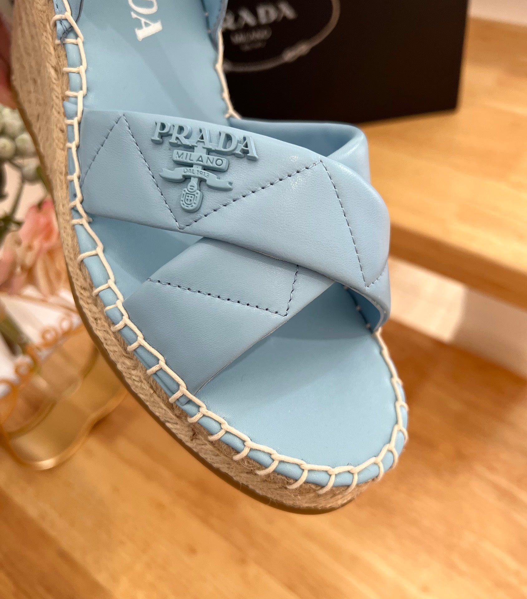 PRADA 26S CROSS STRAP ESPADRILLE WEDGE SANDALS IN SKY BLUE CALFSKIN
