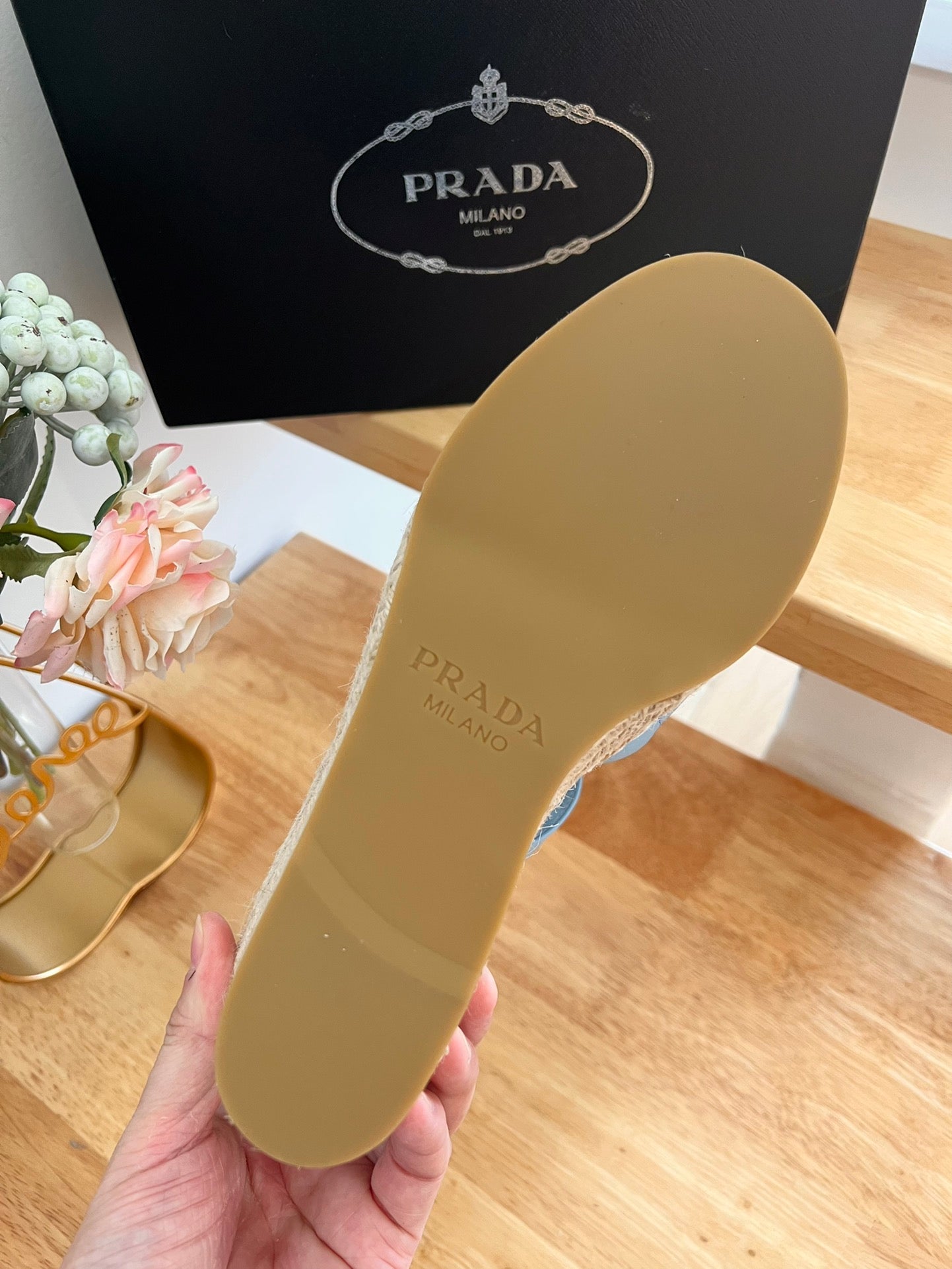 PRADA 26S CROSS STRAP ESPADRILLE WEDGE SANDALS IN SKY BLUE CALFSKIN